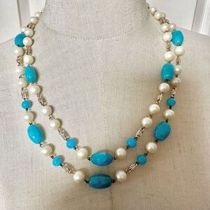 Blue beaded faux pearl double strand necklace